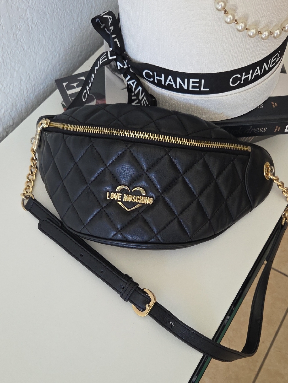 Love Moschino Black Quilted Heart Logo Crossbody Belt Bag